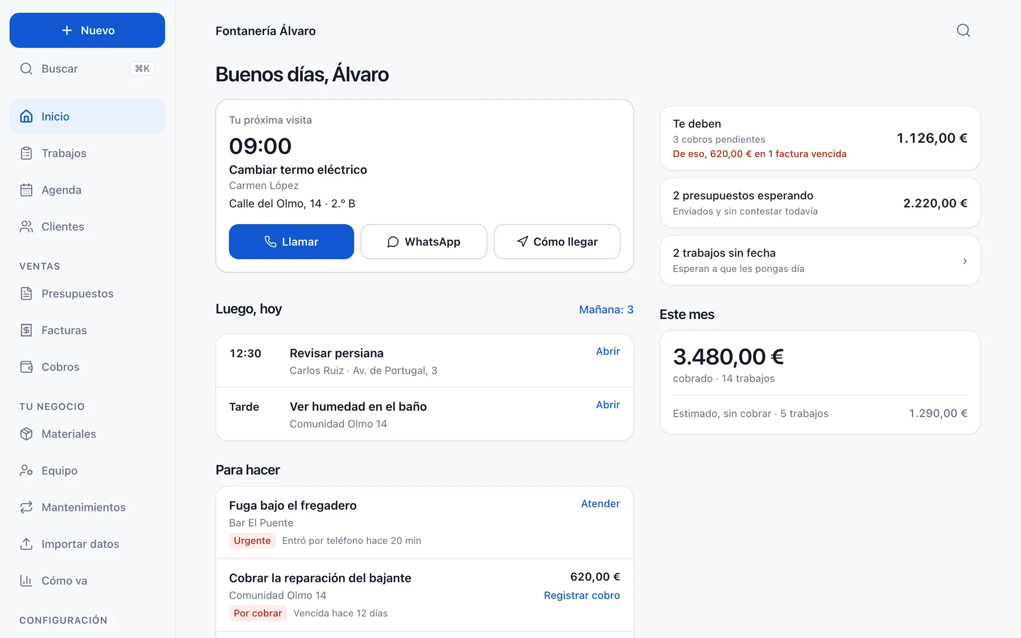 Clypbook Autónomos en el ordenador, pantalla Inicio: la próxima visita con Llamar, WhatsApp y Cómo llegar, lo que queda hoy, lo que te deben y el mes