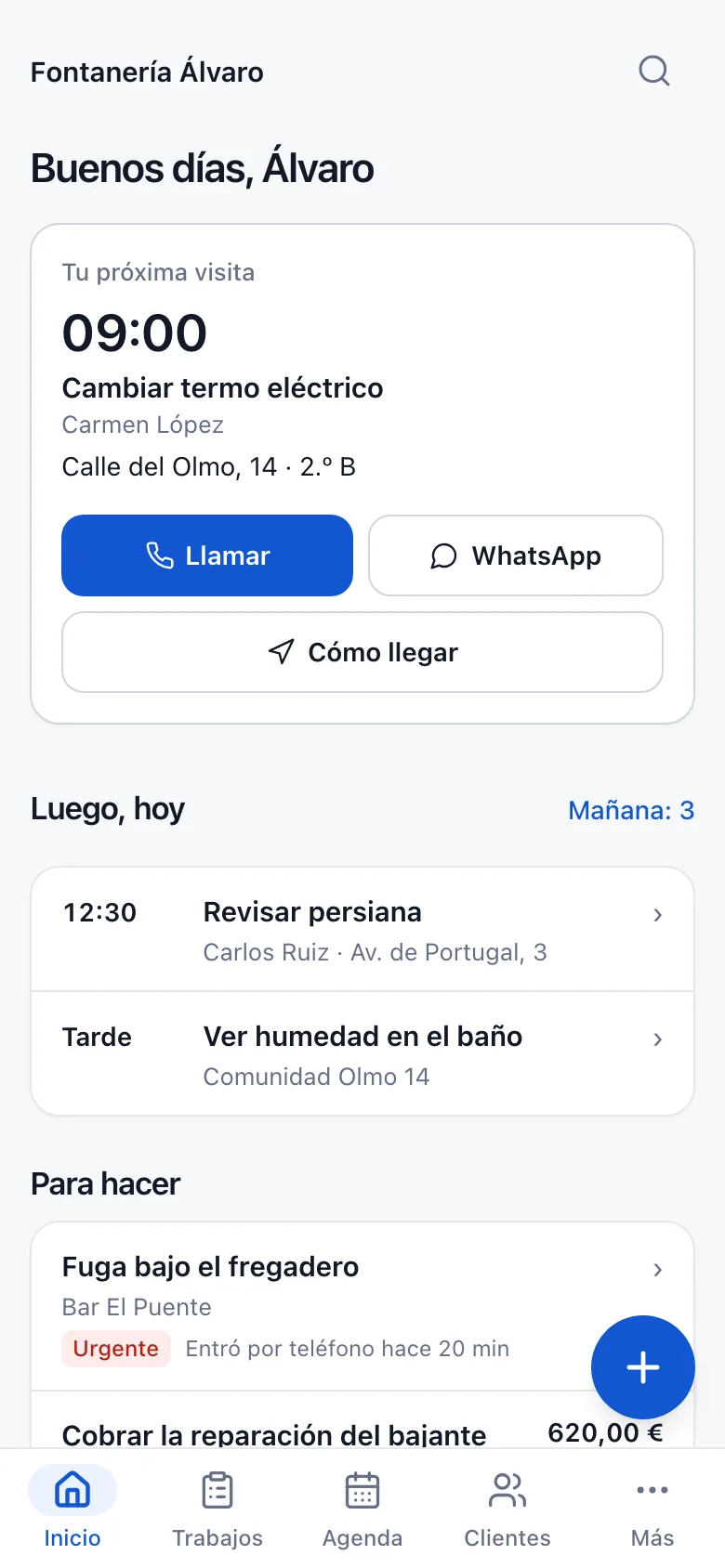 Clypbook Autónomos en el móvil: la próxima visita, lo que queda hoy y la barra de navegación inferior